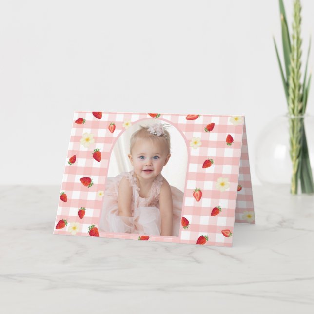 Berry Sweet Strawberry 1st Birthday Photo Folded H Thank You Card (Front)