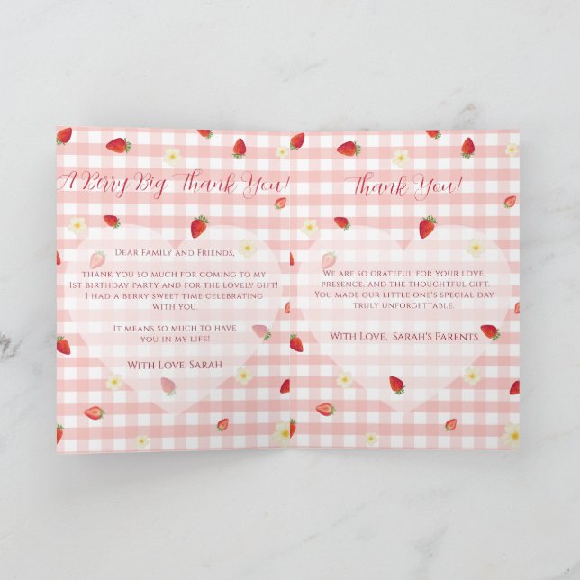 Berry Sweet Strawberry 1st Birthday Photo Folded V Thank You Card (Inside)