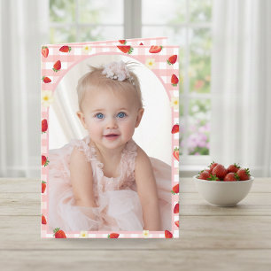 Berry Sweet Strawberry 1st Birthday Photo Folded V Thank You Card