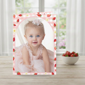 Berry Sweet Strawberry 1st Birthday Photo Folded V Thank You Card