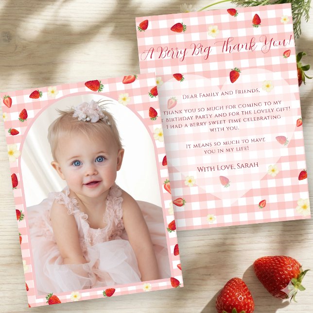 Berry Sweet Strawberry 1st Birthday Photo Thank You Card (Berry Sweet Strawberry 1st Birthday Photo Thank You Card)