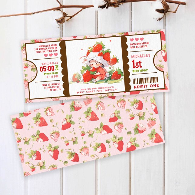 Berry Sweet Strawberry 1st birthday ticket Invitation (Creator Uploaded)