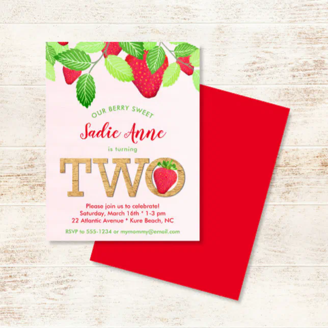 Berry Sweet Strawberry 2nd Birthday Girl Red Green Invitation | Zazzle