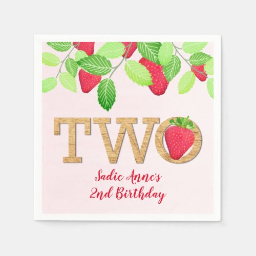 Berry Sweet Strawberry 2nd Birthday Girl Rustic Napkins