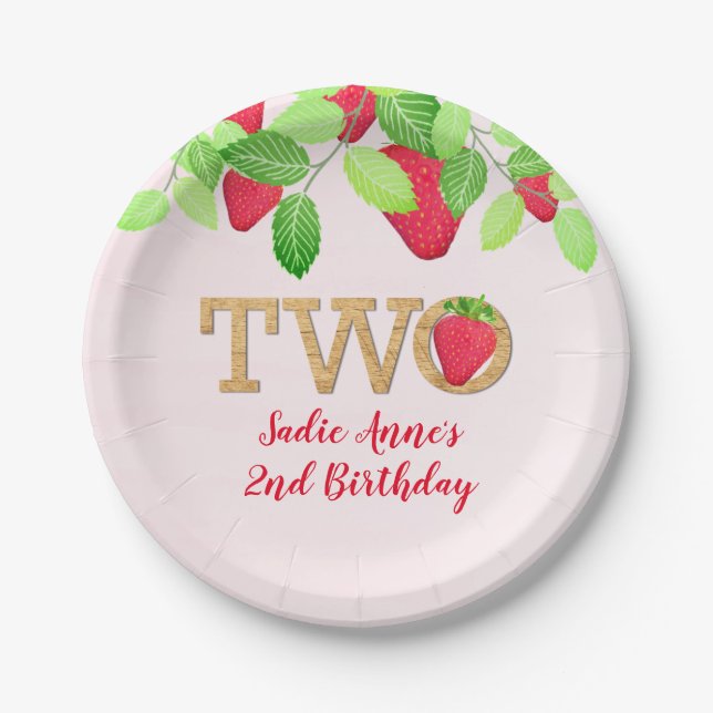 Berry Sweet Strawberry 2nd Birthday Girl Rustic Paper Plates (Front)