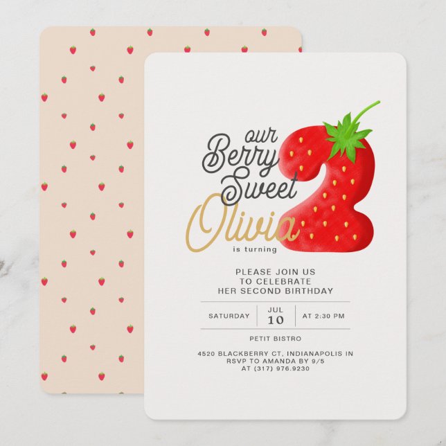 Berry Sweet Strawberry 2nd Birthday Invitation (Front/Back)