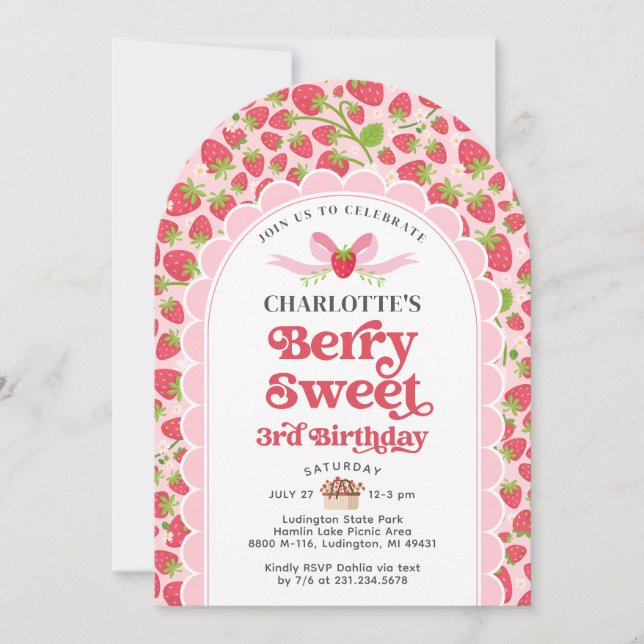 Berry Sweet Strawberry 3rd Birthday Invitation (Front)