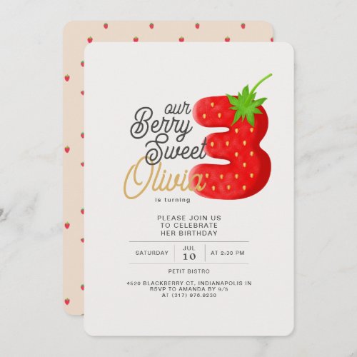 Berry Sweet Strawberry 3rd Birthday Invitation