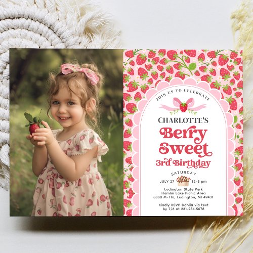 Berry Sweet Strawberry 3rd Birthday Photo Invitation