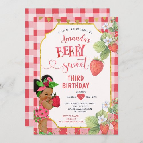 Berry Sweet Strawberry African Girl 3rd Birthday Invitation
