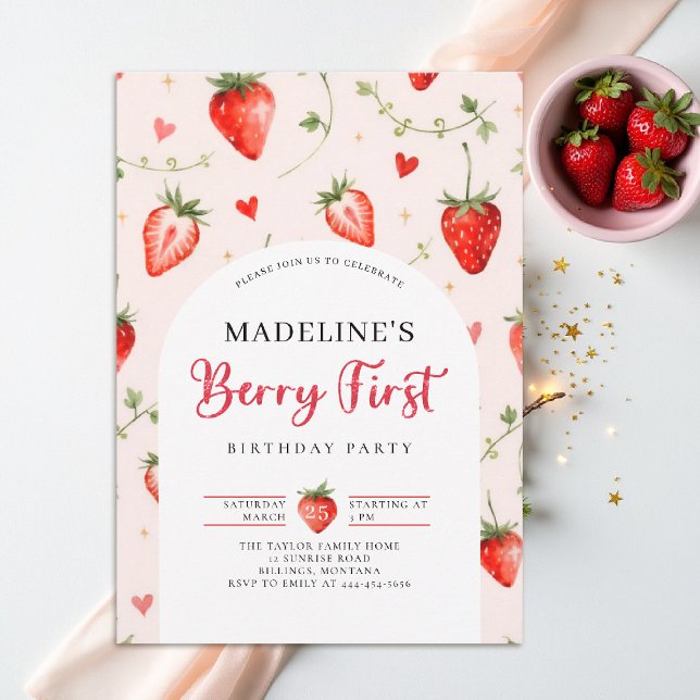 Berry Sweet Strawberry Arch Summer 1st Birthday Invitation (berry first birthday party invitation girls strawberry 1st watercolor summer farmhouse patch)