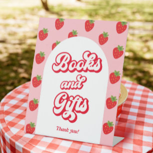 Berry Sweet Strawberry Baby Shower Books and Gift Pedestal Sign