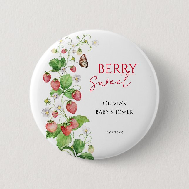 Berry Sweet Strawberry Baby Shower Button (Front)