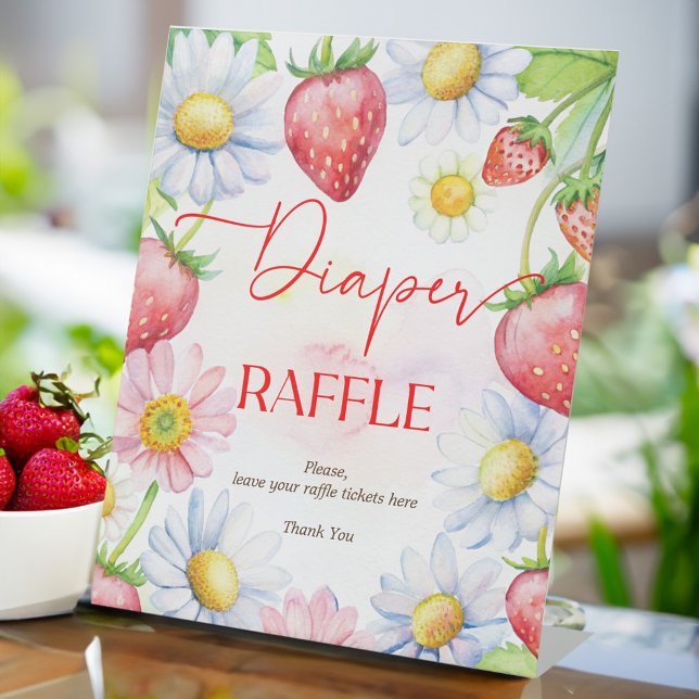 Berry sweet strawberry baby shower diaper raffle pedestal sign (Berry sweet strawberry baby shower diaper raffle pedestal sign table decor table signs)