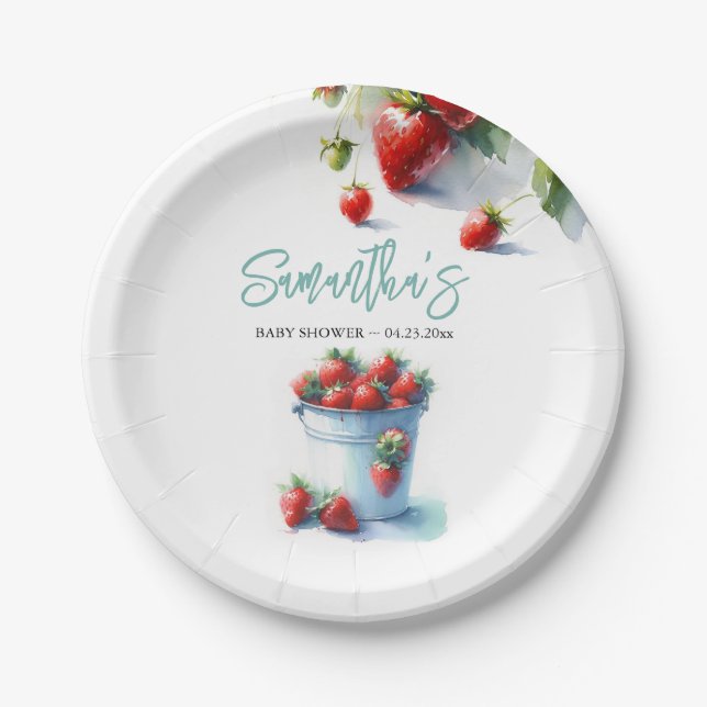 Berry Sweet Strawberry Baby Shower Disposable Paper Plates (Front)