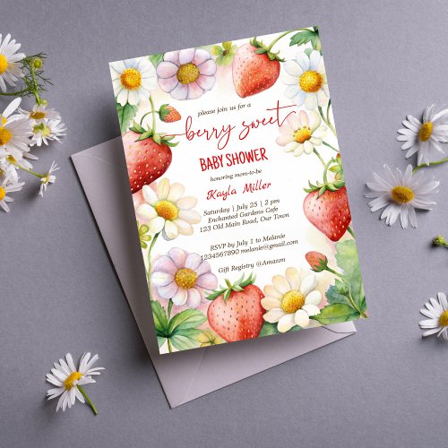 Berry sweet strawberry baby shower invitation