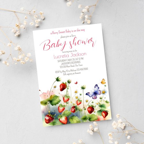 Berry sweet strawberry baby shower invitation