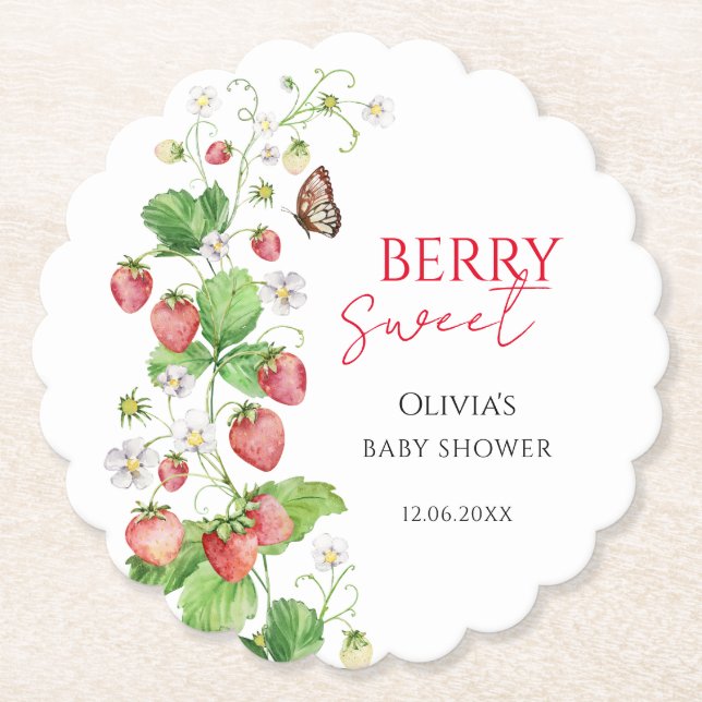 Berry Sweet Strawberry Baby Shower Paper Coaster (Front)