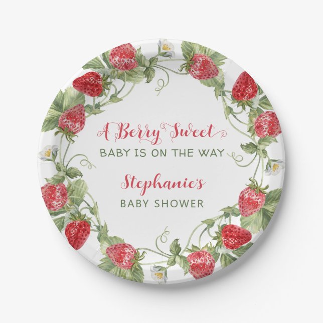 Berry Sweet Strawberry Baby Shower Paper Plates (Front)