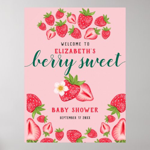 Berry Sweet Strawberry Baby Shower Welcome Party Poster