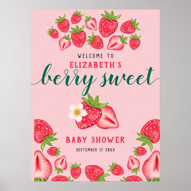 Berry Sweet Strawberry Baby Shower Welcome Party Poster (Front)