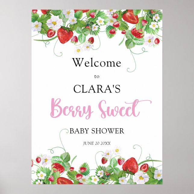 Berry Sweet Strawberry Baby Shower Welcome Poster (Front)