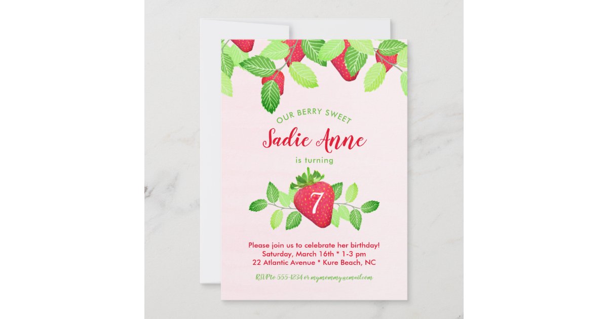 Berry Sweet Strawberry Birthday Girl Red & Pink Invitation | Zazzle