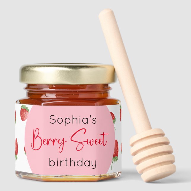 Berry Sweet Strawberry Birthday Honey Jar Favors (Front)