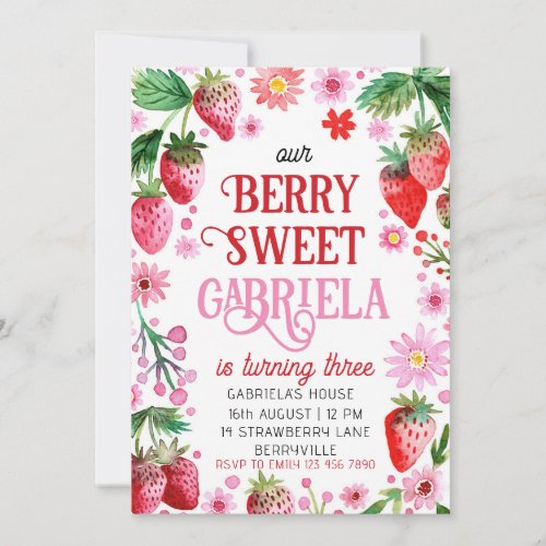 Berry Sweet Strawberry Birthday  Invitation
