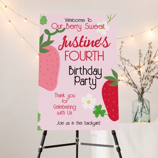 Berry Sweet Strawberry Birthday Party Invitation Foam Board (In Situ (Stand))