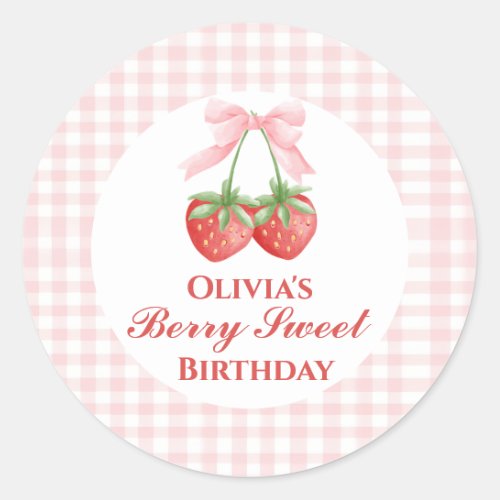 Berry Sweet strawberry birthday Pink Bow Gingham Classic Round Sticker