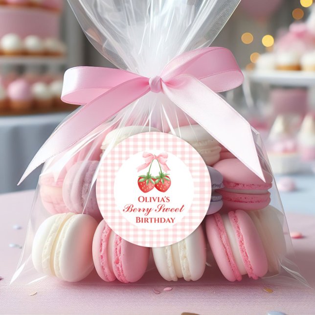 Berry Sweet strawberry birthday Pink Bow Gingham Classic Round Sticker (Creator Uploaded)