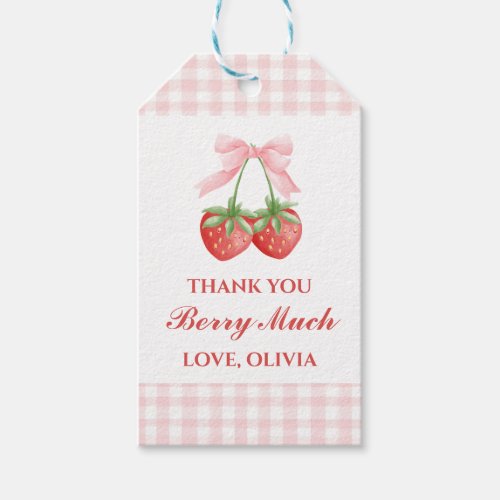 Berry Sweet strawberry birthday Pink Bow Gingham Gift Tags