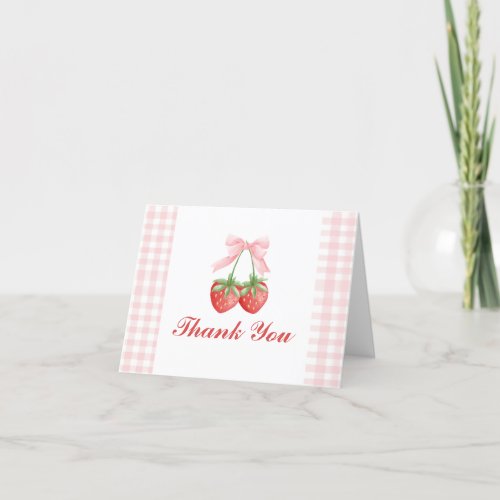 Berry Sweet strawberry birthday Pink Bow Gingham Thank You Card