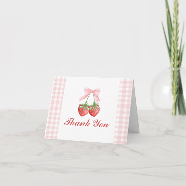 Berry Sweet strawberry birthday Pink Bow Gingham Thank You Card (Front)