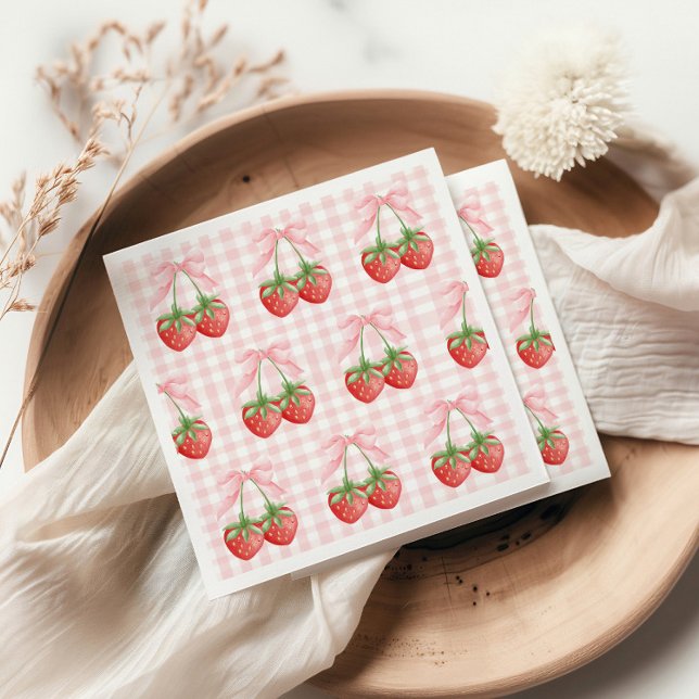 Berry Sweet Strawberry birthday Pink Gingham Napkins (Creator Uploaded)