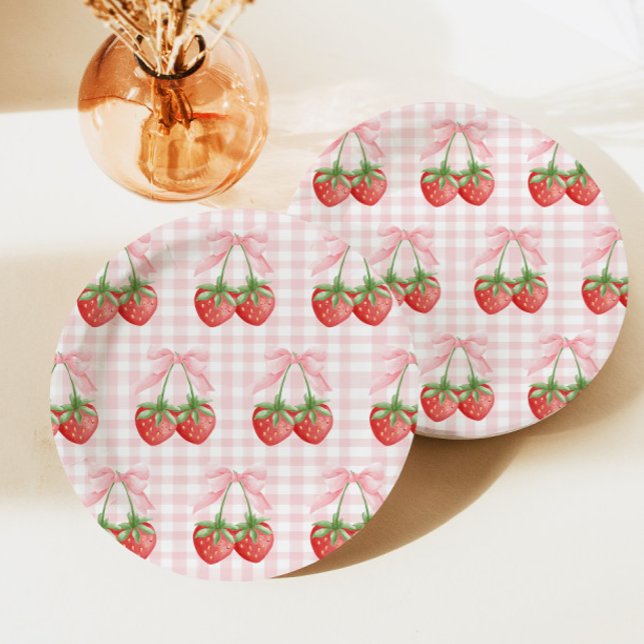 Berry Sweet Strawberry birthday Pink Gingham Paper Plates (Creator Uploaded)