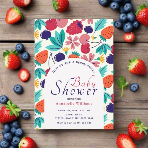 Berry Sweet Strawberry  Blueberry Baby Shower  Invitation