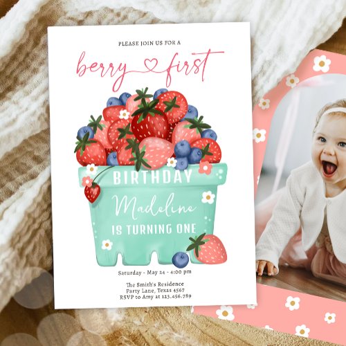 Berry Sweet Strawberry Blueberry First Birthday Invitation