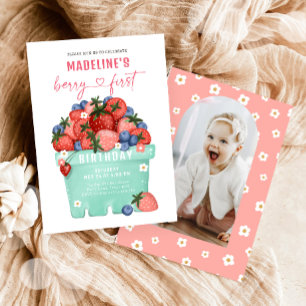 Berry Sweet Strawberry Blueberry First Birthday Invitation