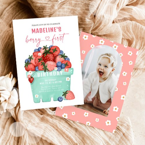 Berry Sweet Strawberry Blueberry First Birthday Invitation