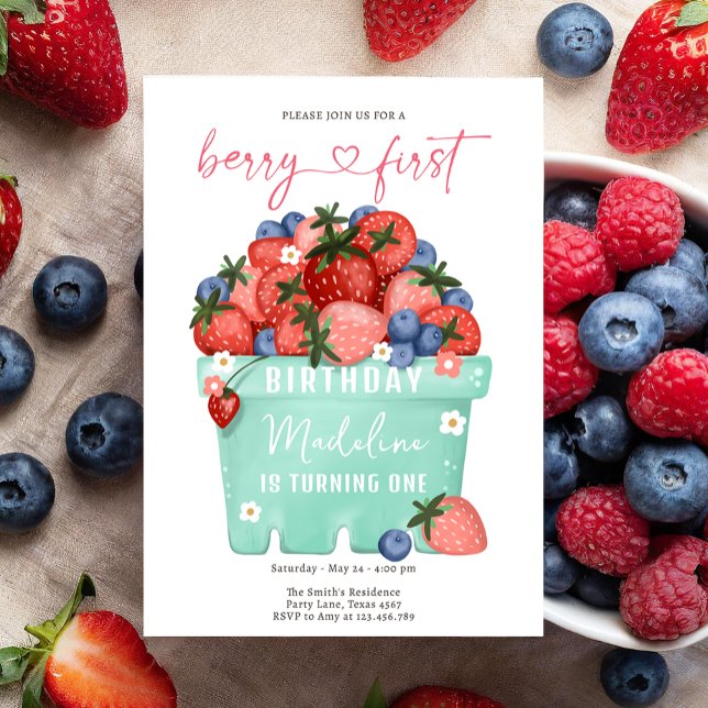 Berry Sweet Strawberry Blueberry First Birthday Invitation (Creator Uploaded)