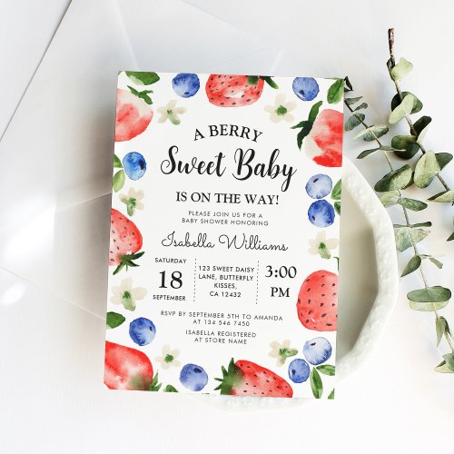 Berry Sweet Strawberry Blueberry Girl Baby Shower Invitation