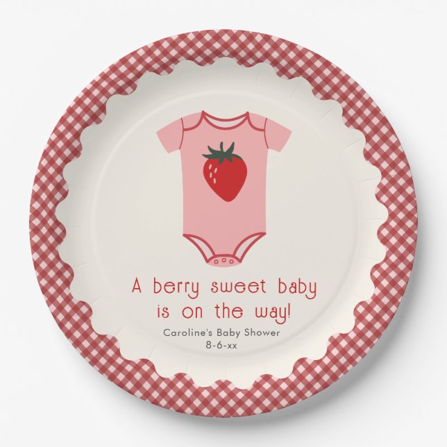 Berry Sweet Strawberry Bodysuit Baby Shower Paper Plates (Front)