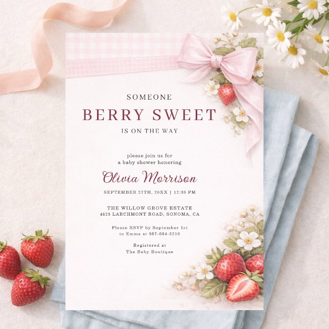 Berry Sweet Strawberry Bow Gingham Baby Shower Invitation (Creator Uploaded)