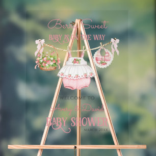 Berry Sweet Strawberry Bow Modern Baby Girl Shower Acrylic Sign