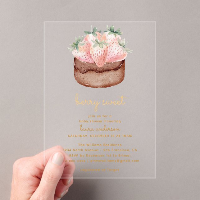 Berry Sweet Strawberry Cupcake Baby Shower Acrylic Invitations (Insitu (Handheld))