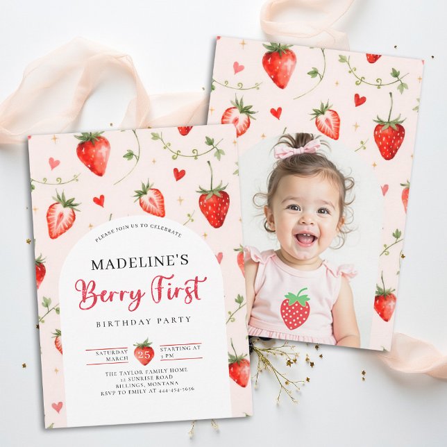 Berry Sweet Strawberry Cute Photo 1st Birthday Invitation (berry first birthday party photo invitation girls strawberry 1st watercolor summer farmhouse patch)