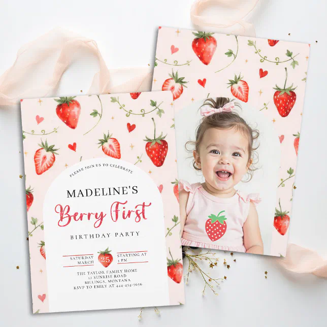 Berry Sweet Strawberry Cute Photo 1st Birthday Invitation | Zazzle