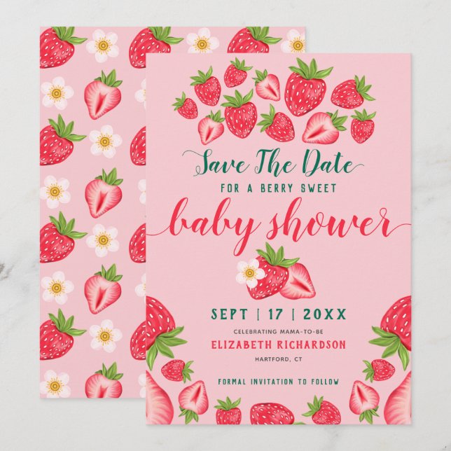Berry Sweet Strawberry Cute Pink Baby Shower  Save The Date (Front/Back)